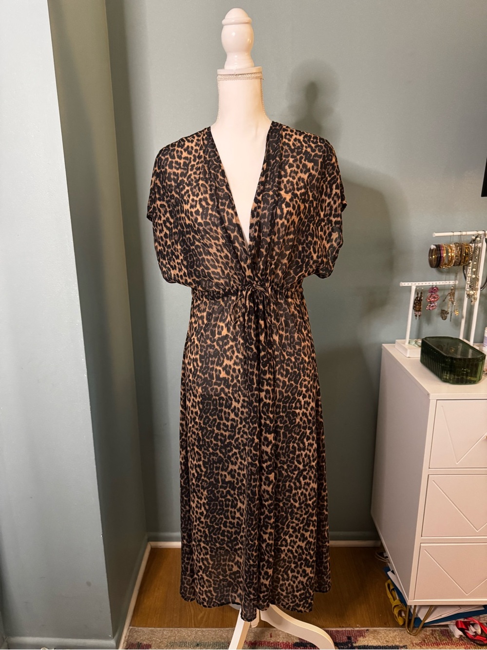 Sheer Front Tie leopard caftan swim cover up Small